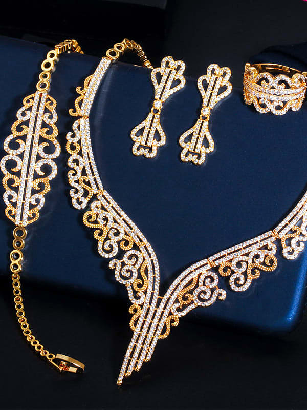 Kupfer Zirkonia Luxus Blume Ring Ohrring Braclete und Halskette Set