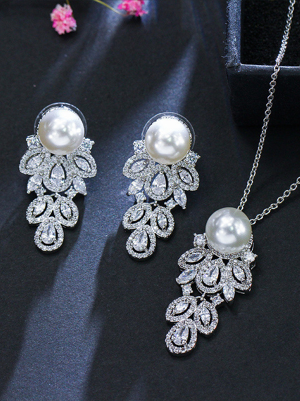 The Luxury Shine AAA Zircon Imitation pearls Necklace Earrings 2 Piece jewelry set