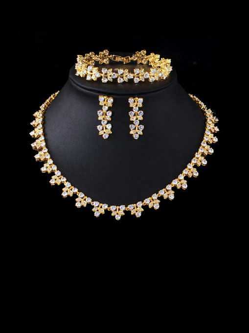 Brass Cubic Zirconia Luxury Leaf Earring Braclete and Necklace Set