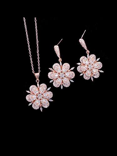 Brass Cubic Zirconia Dainty Flower Earring and Necklace Set