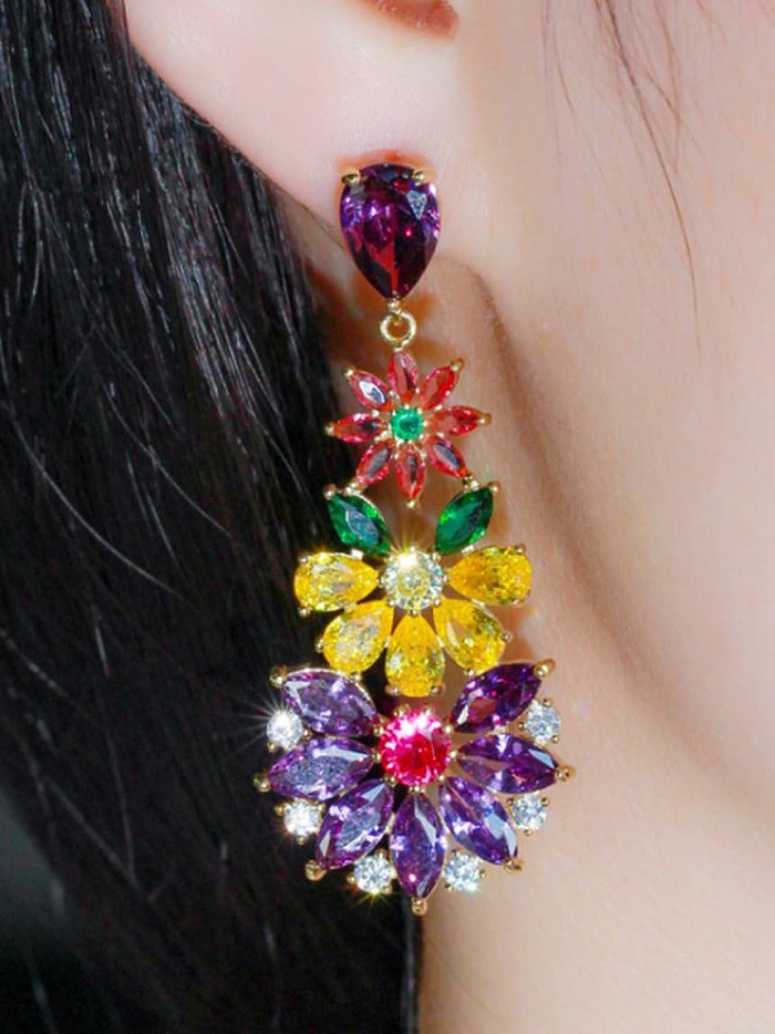 Brass Cubic Zirconia Flower Luxury Cluster Earring