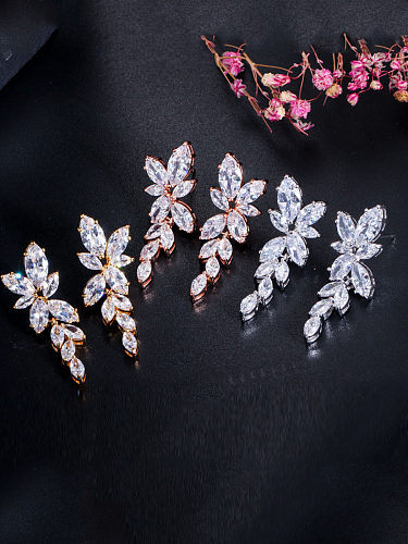 Copper With Cubic Zirconia Luxury Water Drop Wedding Cluster Earrings