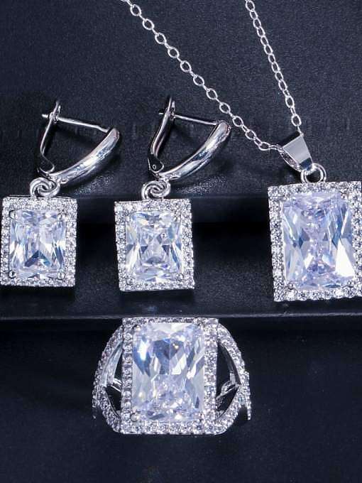 Brass Cubic Zirconia Luxury Geometric Earring Ring and Necklace Set