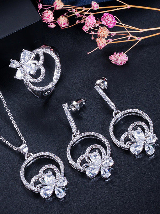 Copper With Cubic Zirconia Delicate Flower 3 Piece Jewelry Set
