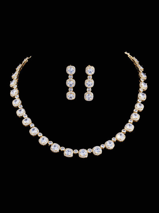 Brass Cubic Zirconia Luxury Geometric Earring and Necklace Set