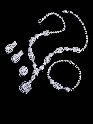 Brass Cubic Zirconia Luxury Geometric Ring Earring Braclete And Necklace Set