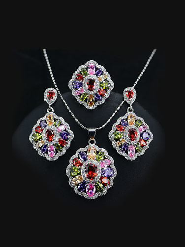 Colorful Zircons Flower Three Pieces Jewelry Set