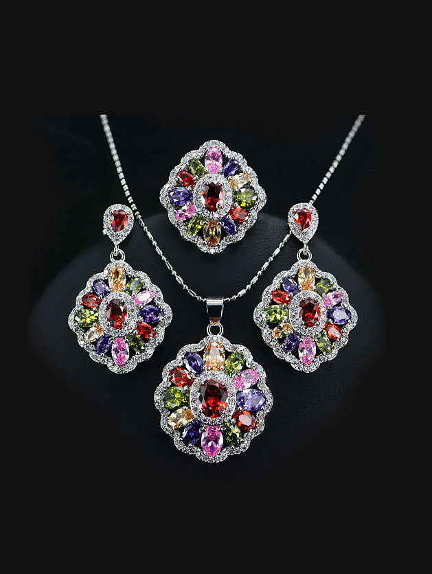 Buntes Zirkon-Blumen-dreiteiliges Schmuck-Set