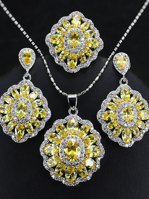 Conjunto de joias de flor de zircões coloridos com três peças