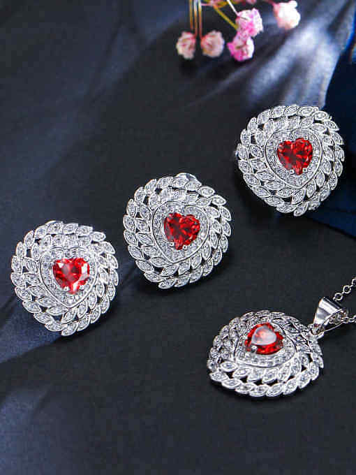 Brass Cubic Zirconia Luxury Heart Earring Ring and Necklace Set