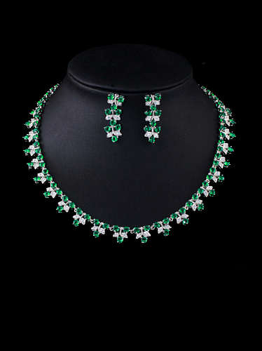 Brass Cubic Zirconia Luxury Flower Earring and Necklace Set