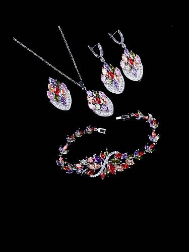 Brass Cubic Zirconia Luxury Leaf Ring Earring Braclete And Necklace Set