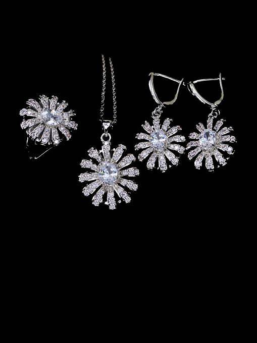 Brass Cubic Zirconia Luxury Flower Earring Ring and Necklace Set