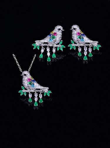 Brass Cubic Zirconia Cute Bird Earring and Necklace Set