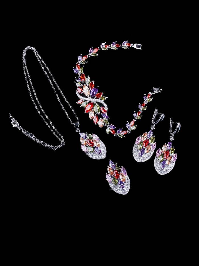Brass Cubic Zirconia Luxury Leaf Ring Earring Braclete And Necklace Set