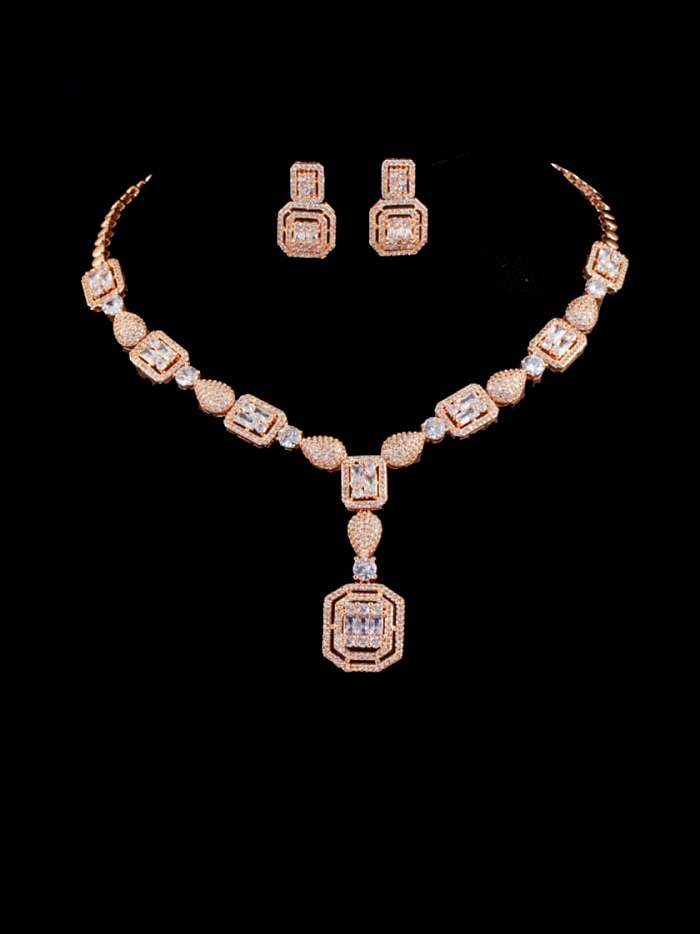 Conjunto de colar e brinco geométrico luxuoso de zircônia cúbica de latão