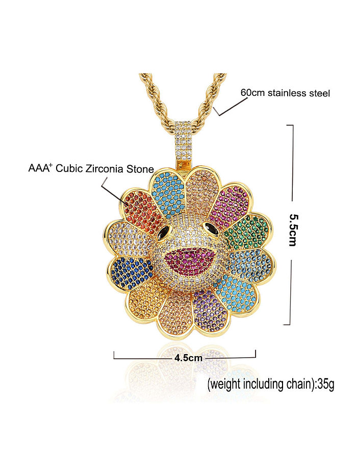 Brass Cubic Zirconia Flower Hip Hop Necklace
