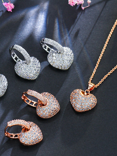 Luxury Shine High-Quality Zircon heart love Necklace Earrings 2 Piece jewelry set