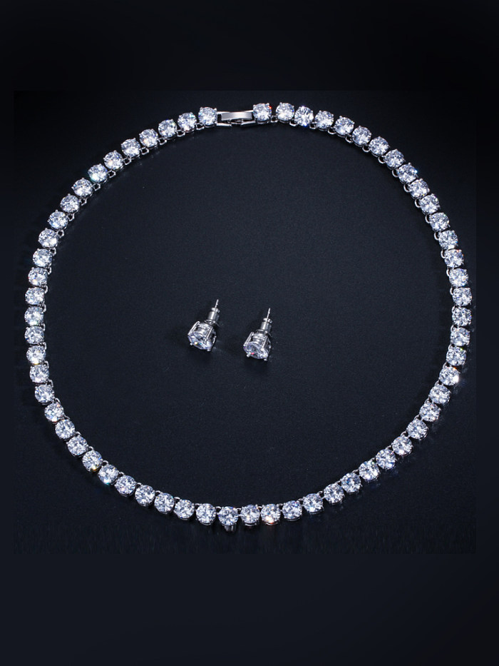 Copper inlay AAA zircon earrings necklace 2 pieces jewelry set