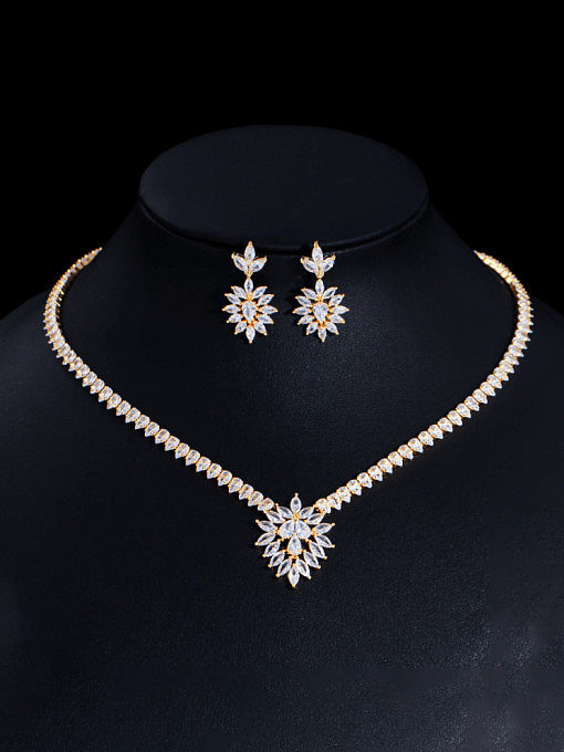 Brass Cubic Zirconia Luxury Heart Earring and Necklace Set