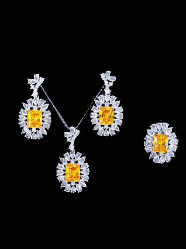 Brass Cubic Zirconia Luxury Geometric Earring Ring and Necklace Set