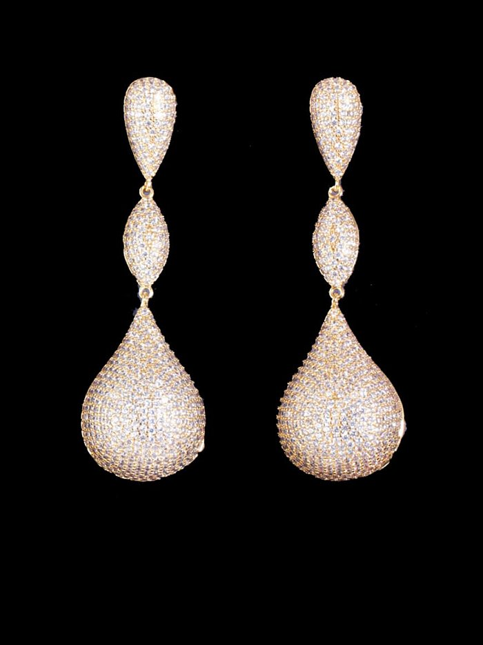 Brass Cubic Zirconia Water Drop Statement Three-color full diamond irregular long Earring
