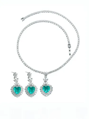 Brass Cubic Zirconia Luxury Heart Earring and Necklace Set