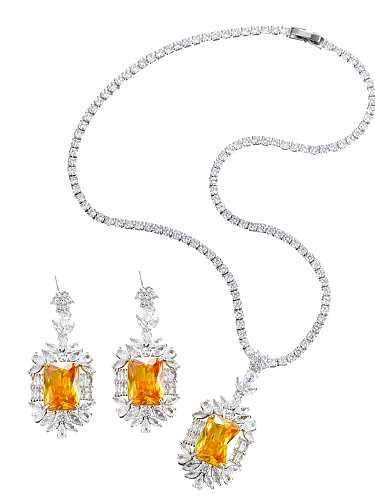 Brass Cubic Zirconia Luxury Geometric Earring and Necklace Set