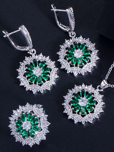 Dainty Flower Brass Cubic Zirconia Earring Ring and Necklace Set
