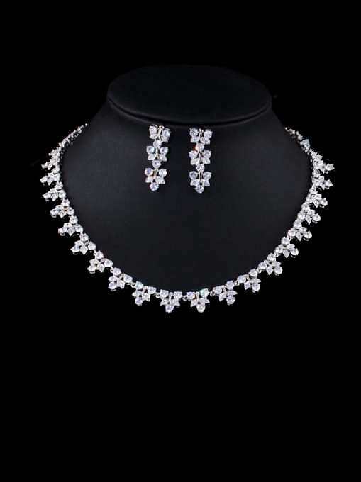 Brass Cubic Zirconia Luxury Flower Earring and Necklace Set