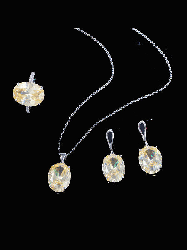 Brass Cubic Zirconia Trend Geometric Earring Ring and Necklace Set