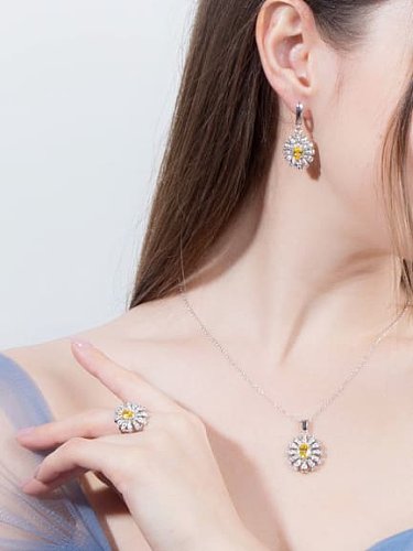 Brass Cubic Zirconia Luxury Flower Earring Ring and Necklace Set