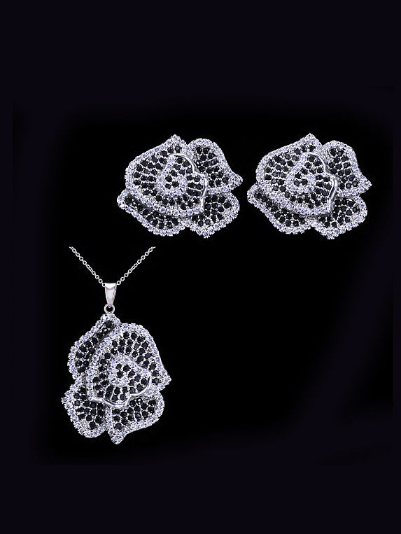 Duas peças de jóias em forma de flores conjunto de zircões micropavimentados