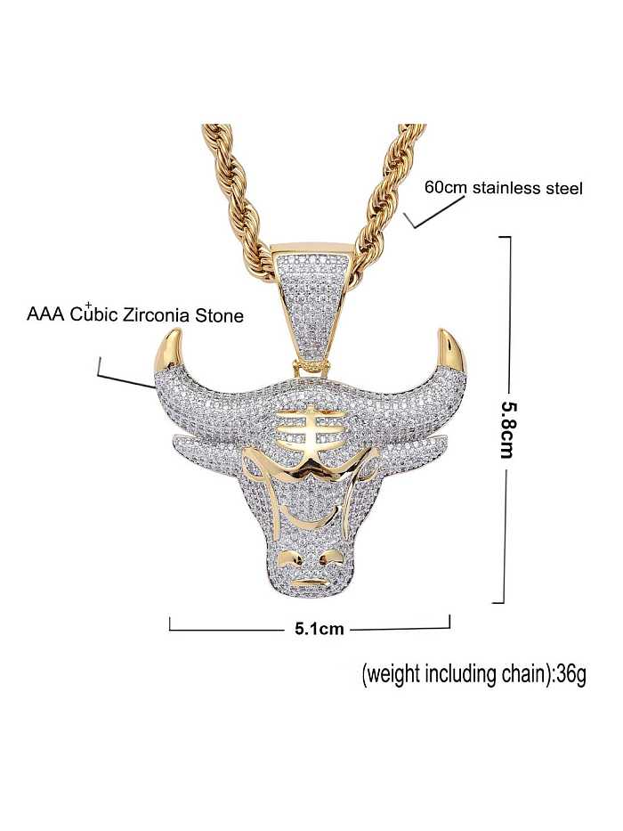 Brass Cubic Zirconia Bull head Hip Hop Necklace