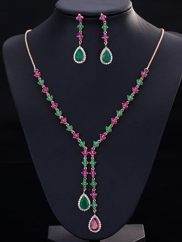 Conjunto de joias de duas peças com zircões coloridos gota d'água