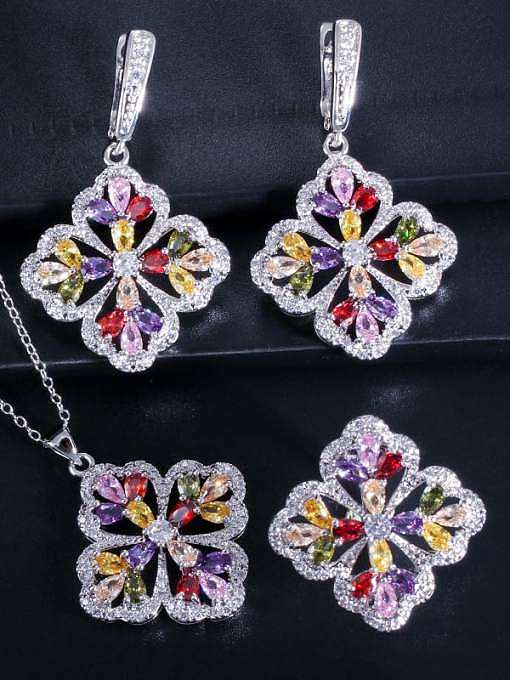 Brass Cubic Zirconia Luxury Flower Earring Ring and Necklace Set