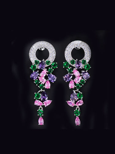 Colorful Flower-shape Zircons White Gold Plated Drop Earrings