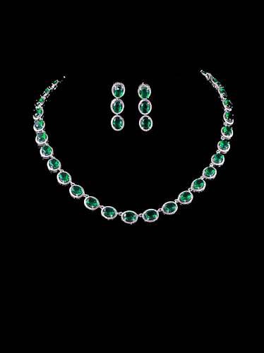 Brass Cubic Zirconia Luxury Geometric Earring and Necklace Set