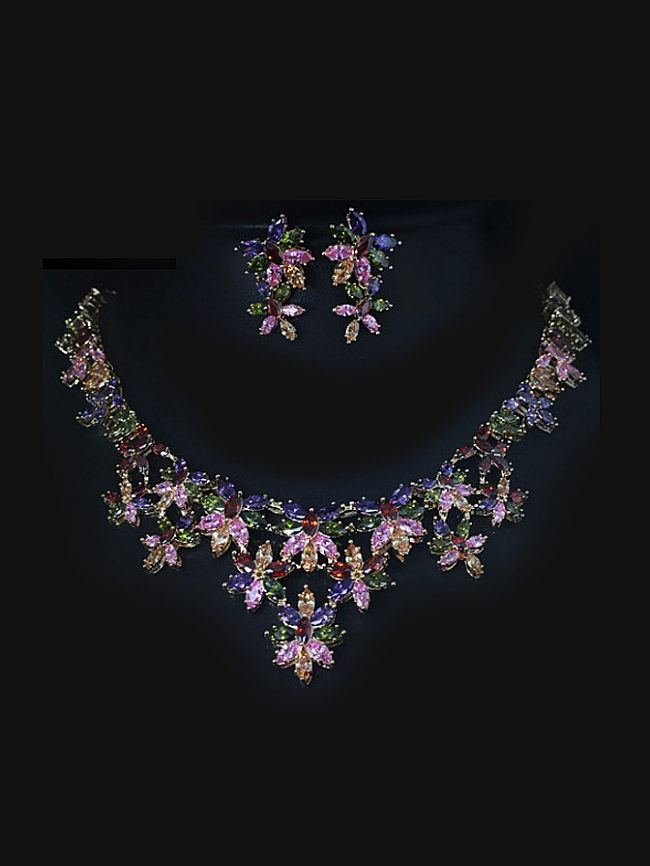 مجموعة مجوهرات من قطعتين على شكل زهرة ملونة