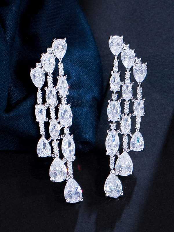 Brass Cubic Zirconia Water Drop Pendant Luxury Cluster Earring