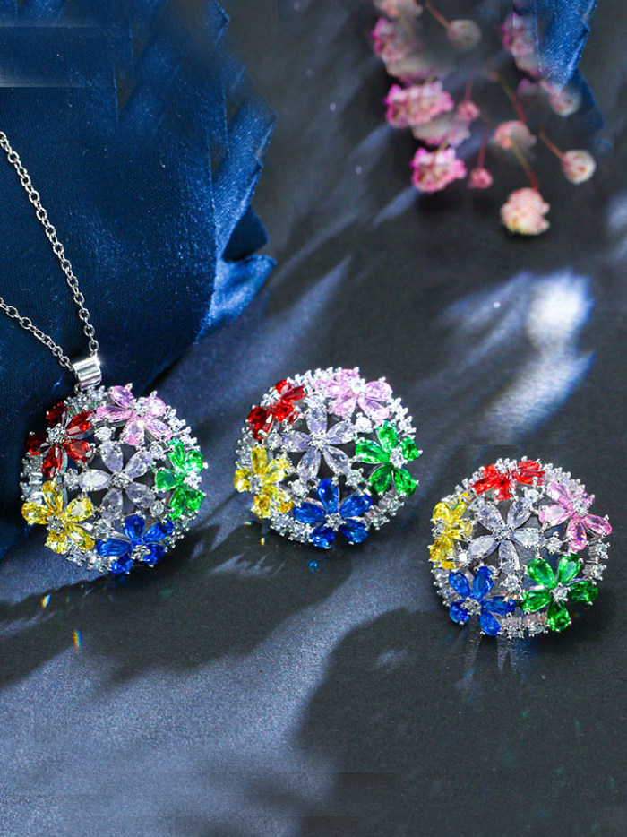 Novo colar de flor de zircônia AAA micro incrustação de cobre brinco com 2 peças conjunto de joias