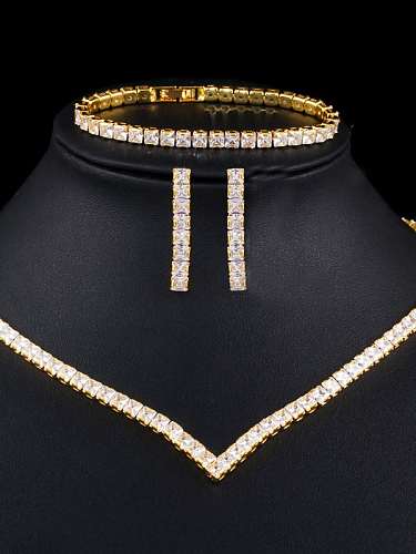 Copper Luxury Square Cubic Zirconia Earring Braclete and Necklace Set