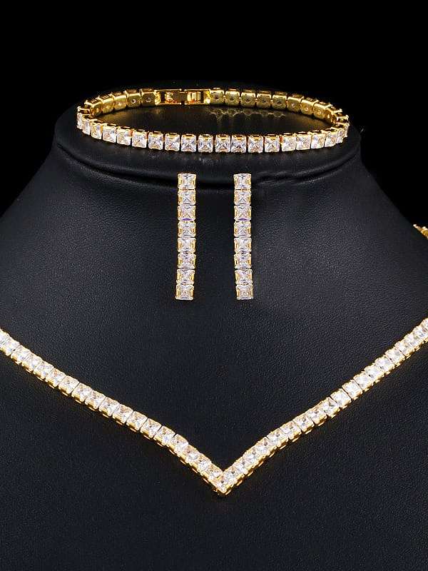 Conjunto de collar y brazalete de aretes de circonita cúbica cuadrada de lujo de cobre