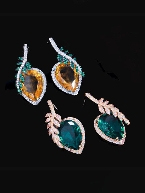 Brass Cubic Zirconia Leaf Luxury Stud Earring