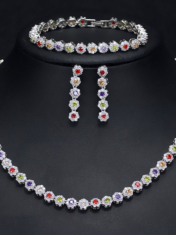 Luxury Shine High Quality Zircon Round Necklace Earrings bracelet 3 Piece jewelry set