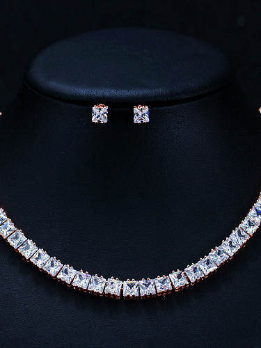 Luxueux carré Zircon boucles d'oreilles collier 2 pièces ensemble de bijoux costume pour fête et mariage