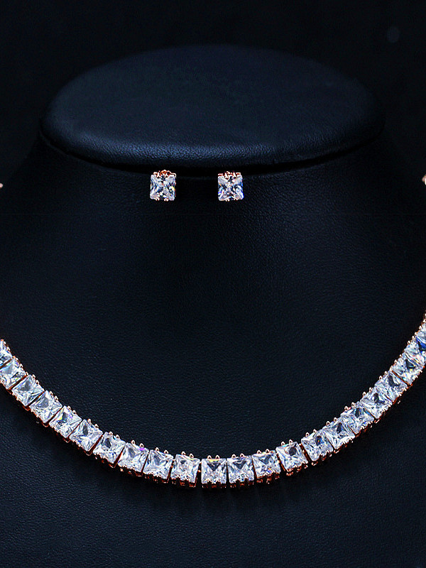 Luxurious square Zircon Earrings Necklace 2 piece jewelry set suit for party and wedding