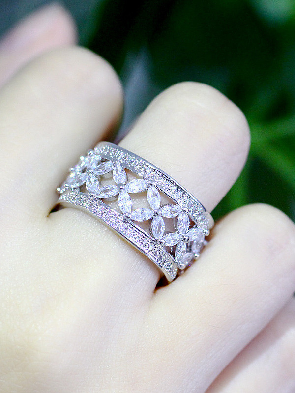 Copper With White Cubic Zirconia Delicate Flower Band Rings