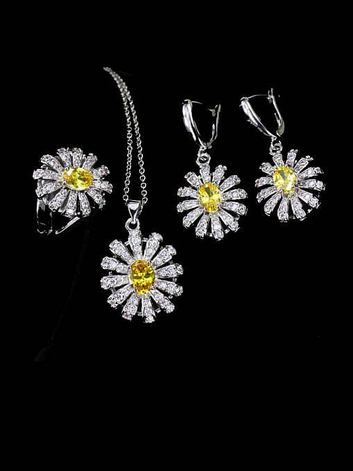 Brass Cubic Zirconia Luxury Flower Earring Ring and Necklace Set