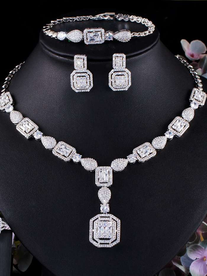 Brass Cubic Zirconia Luxury Geometric Ring Earring Braclete And Necklace Set
